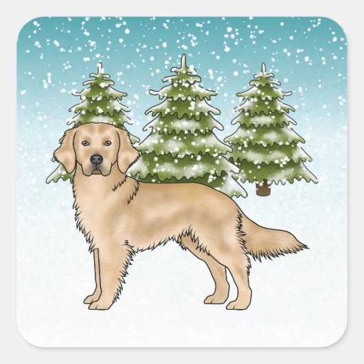 Gele Golden Retriever Dog Blue Snowy Christmas Vierkante Sticker (Voorkant)