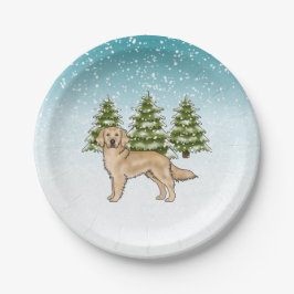 Gele Golden Retriever Hond Blauw Winter Kerstmis Papieren Bordje