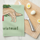 Gele Golden Retriever Hond met kerstboom Theedoek (Quarter Fold)