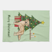Gele Golden Retriever Hond met kerstboom Theedoek (Horizontaal)