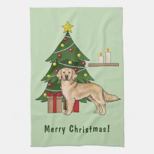 Gele Golden Retriever Hond met kerstboom Theedoek
