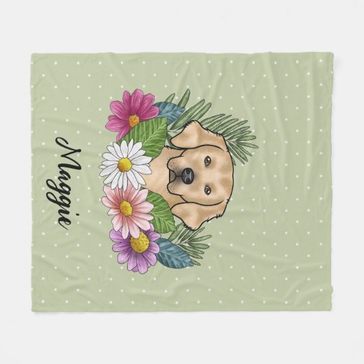 Gele Golden Retriever Kleurrijke bloemen en naam Fleece Deken (Voorkant (Horizontaal))