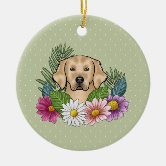 Gele Golden Retriever Kleurrijke bloemen en naam Keramisch Ornament (Voorkant)