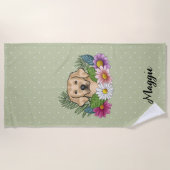 Gele Golden Retriever Kleurrijke bloemen en naam Strandlaken (Voorkant)