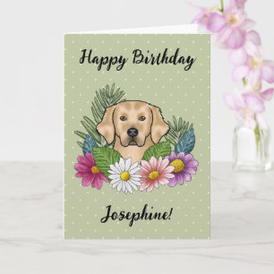 Gele Golden Retriever Kleurrijke Bloemen Verjaarda Kaart