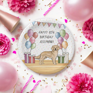 Gele Golden Retriever Kleurrijke Pastel Verjaardag Papieren Bordje