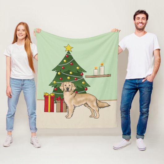 Gele Golden Retriever met groene kerstboom Fleece Deken (In situ)