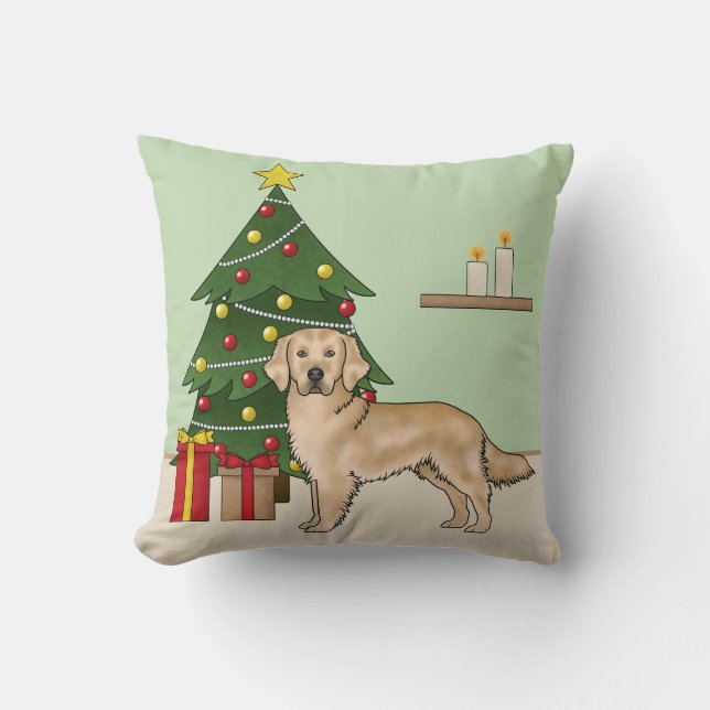 Gele Golden Retriever Met Kerstboom Kussen (Voorkant)