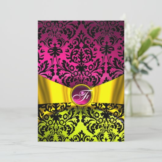 GELE GOUDE LINT FUCHSIA ZWARTE DAMAST MONOGRAM KAART (Staand voorkant)