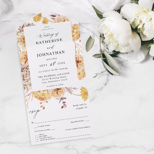 Gele gouden Floral bruiloft All In One Uitnodiging