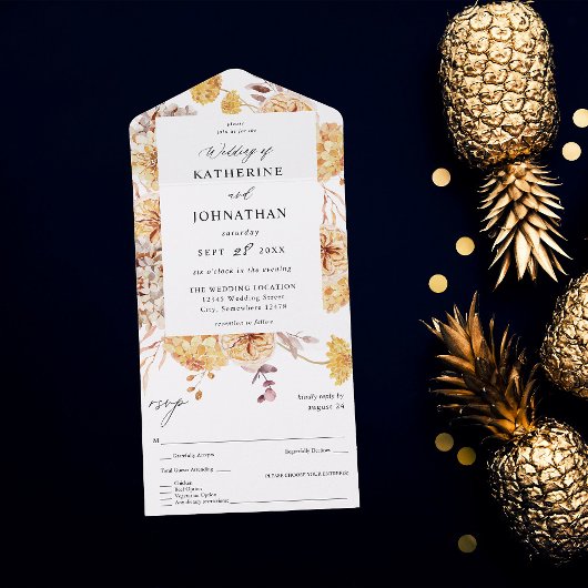 Gele gouden Floral bruiloft All In One Uitnodiging