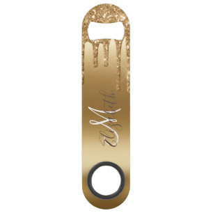 Gele Gouden Glitter Look Drips Monogram Stijlvol Speed Flessenopener
