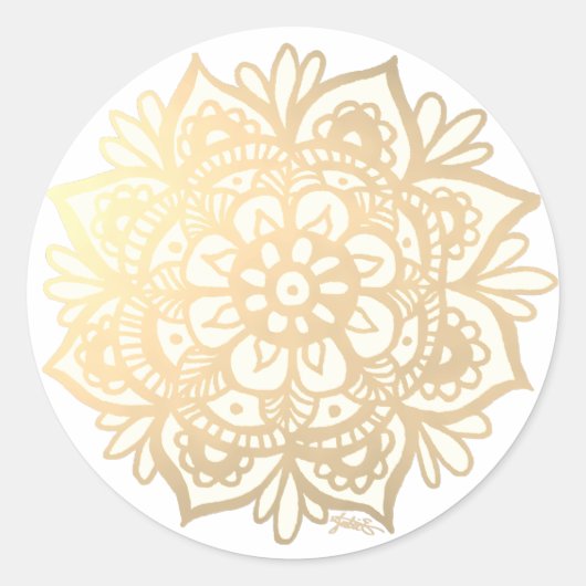 Gele gouden Mandala Flower Ronde Sticker (Voorkant)
