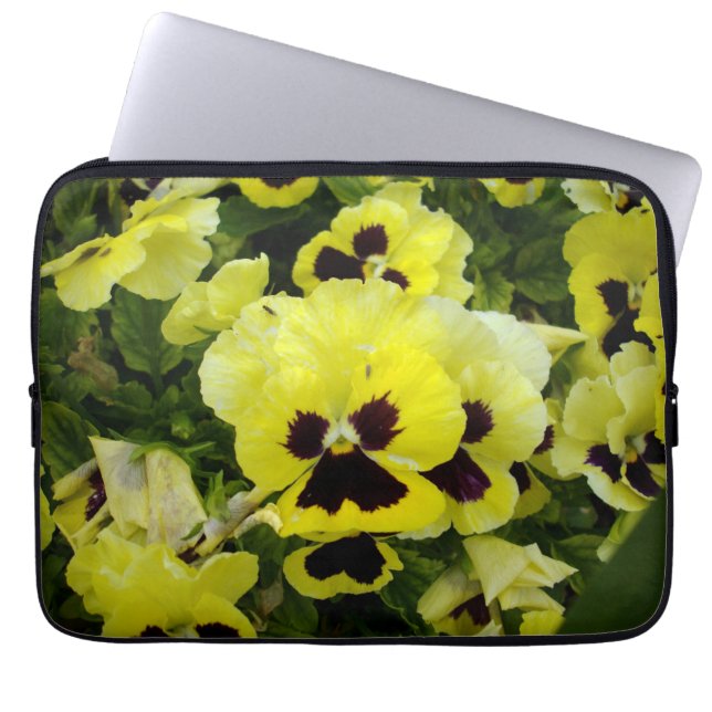 Gele gouden pansies, laptop sleeve (Voorkant)