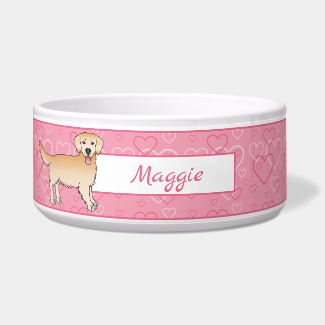 Gele Gouden Retriever Hond op Roze Harten & Naam Voerbakje (Voorkant)