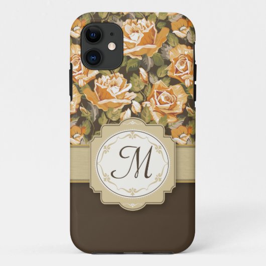 Gele gouden rozen op bruin met monogram Case-Mate iPhone case (Achterkant)