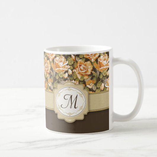 Gele gouden rozen op bruin met monogram koffiemok (Rechts)