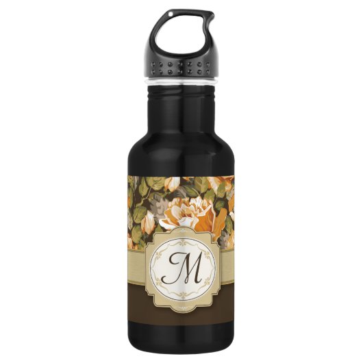 Gele gouden rozen op bruin met monogram waterfles  (Voorkant)