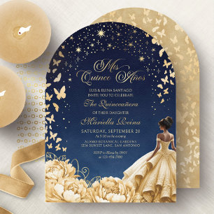 Gele Gouden Sterren Vlinders Bloemige Quinceanera Kaart