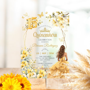 Gele Gouden Tiara Bloem Butterfly Quinceañera Acryl Uitnodigingen