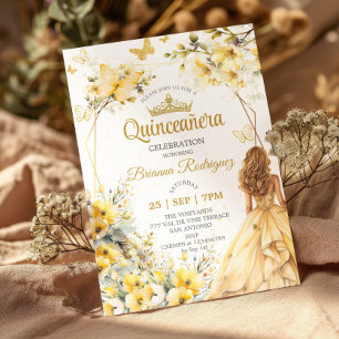 Gele Gouden Tiara Bloem Butterfly Quinceañera Kaart