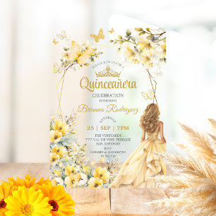 Gele Gouden Tiara Bloem Vlinder Quinceañera Acryl Uitnodigingen