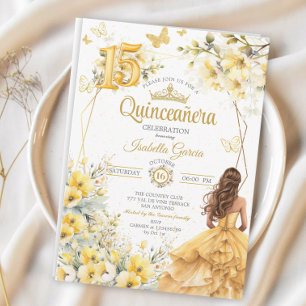 Gele Gouden Tiara Bloem Vlinder Quinceañera Kaart