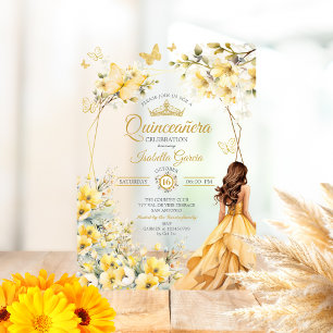 Gele Gouden Tiara Bloem Vlinders Quinceañera Acryl Uitnodigingen