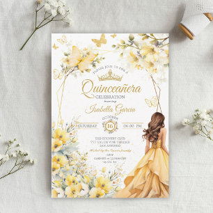 Gele Gouden Tiara Bloem Vlinders Quinceañera Kaart