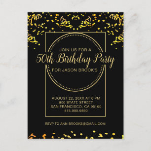 Gele goudglitter-Confetti op zwarte dag Uitnodiging Briefkaart