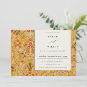 gele goudlasy Floral Peacock Wedding Kaart (Staand voorkant)
