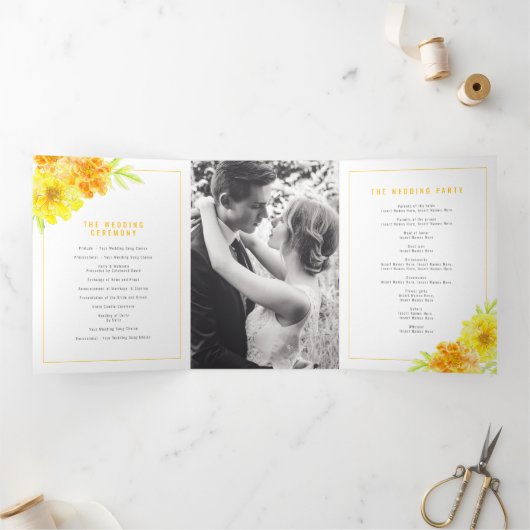Gele goudsbloem waterverf bruiloft drieluik programma (Binnen)