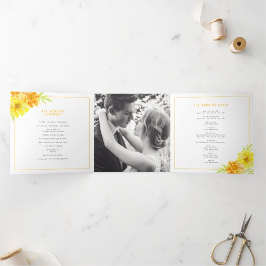 Gele goudsbloem waterverf bruiloft drieluik programma (Binnen)