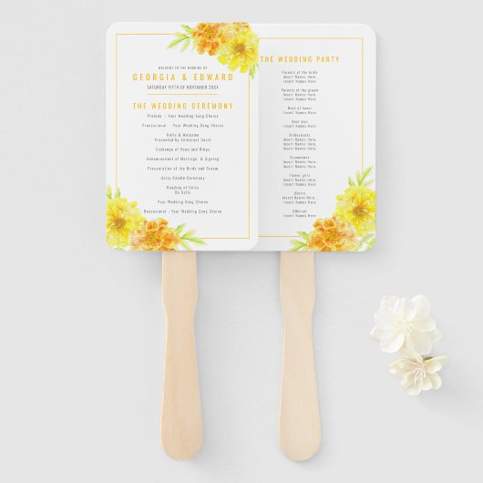 Gele goudsbloem waterverf bruiloft programma handwaaier (Voorkant en achterkant)