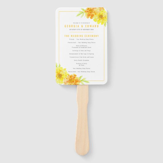 Gele goudsbloem waterverf bruiloft programma handwaaier (Voorkant)