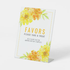 Gele goudsbloem waterverf kunst bruiloft gunsten reclamebord met voetstuk