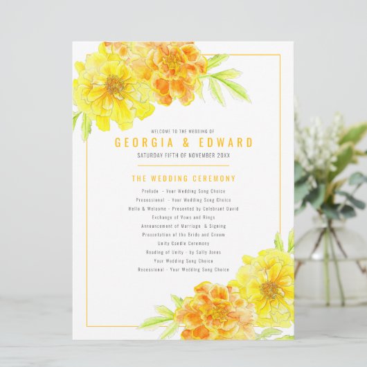 Gele goudsbloemen waterverf kunst bruiloft program programmakaart (Staand voorkant)