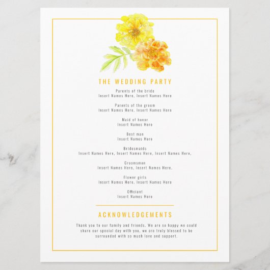 Gele goudsbloemen waterverf kunst bruiloft program programmakaart (Achterkant)