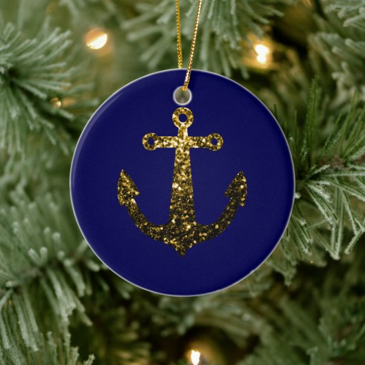 Gele goudsparken Anchor Navy Blue personaliseren Keramisch Ornament (Boom)