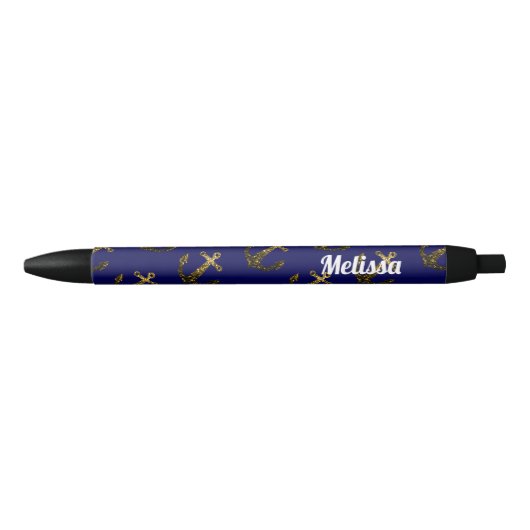 Gele goudsparken Anchor Navy Blue personaliseren Zwarte Inkt Pen (Voorkant)