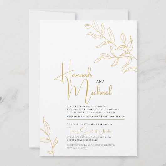 Gele goudvertakking van de bladschets, bruiloft kaart (Voorkant)