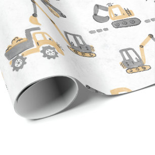 Gele graafmachine constructiepatroon Kleine Bouwer Cadeaupapier