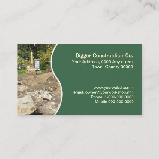 Gele graafmachine met groen paneel visitekaartje (Voorkant)
