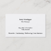 Gele graafmachine uitgesneden met rustemmer visitekaartje (Achterkant)