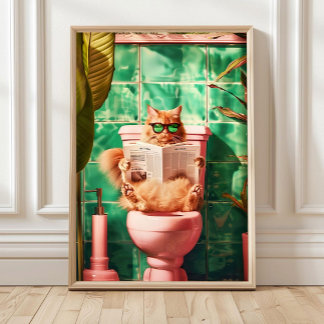 Gele Grappige Oranje Kat Toilet Print, Trendy Badk Poster