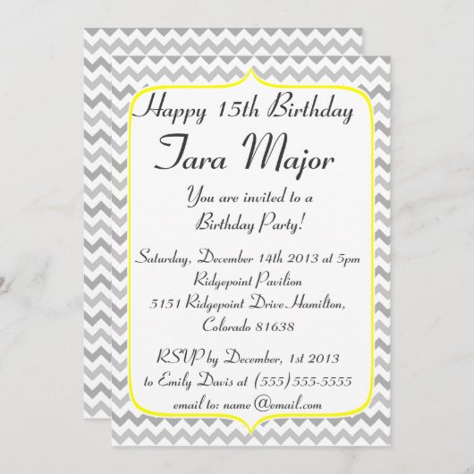 Gele grens en Gray Chevron Birthday Uitnodiging (Voorkant / Achterkant)