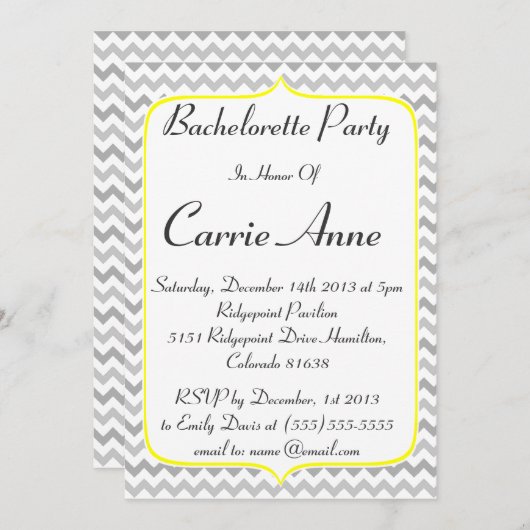 Gele grens en grijze Chevron Bachelorette Party Kaart (Voorkant / Achterkant)