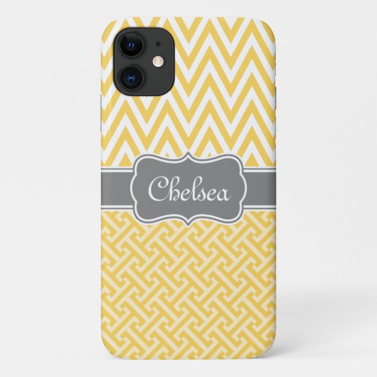 Gele Griekse sleutel Chevron Pattern Gray Name Case-Mate iPhone Case (Achterkant)