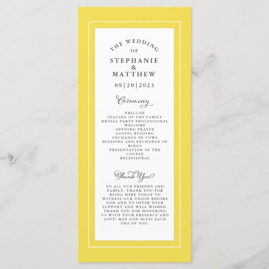 Gele Grijs Wit Weddenschap Service Ceremony Elegan Programmakaart (Voorkant)