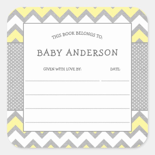 Gele Grijze Boekplaat, baby's eerste bibliotheek Vierkante Sticker (Voorkant)